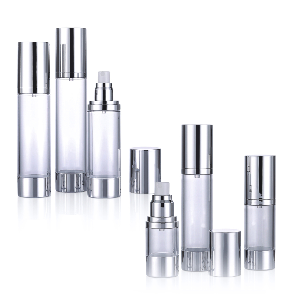 15ml 30 ml 50 ml 80 ml 100 ml 120 ml úniku luxusní průhledné kosmetické láhev bez vzduchu se stříbrnou čepicí L04
